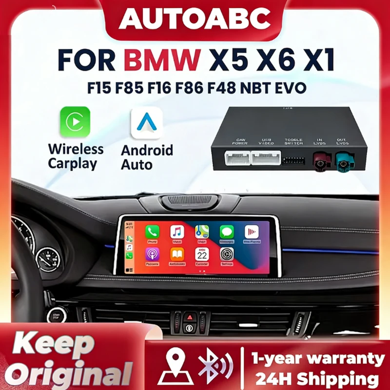 Kabelloser CarPlay Android Auto Decoder für BMW NBT EVO X5 F15 F85 G05 X6 F16 F86 G06 X1 F48 F49 mit BT MirrorLink AUX Auto-Modul
