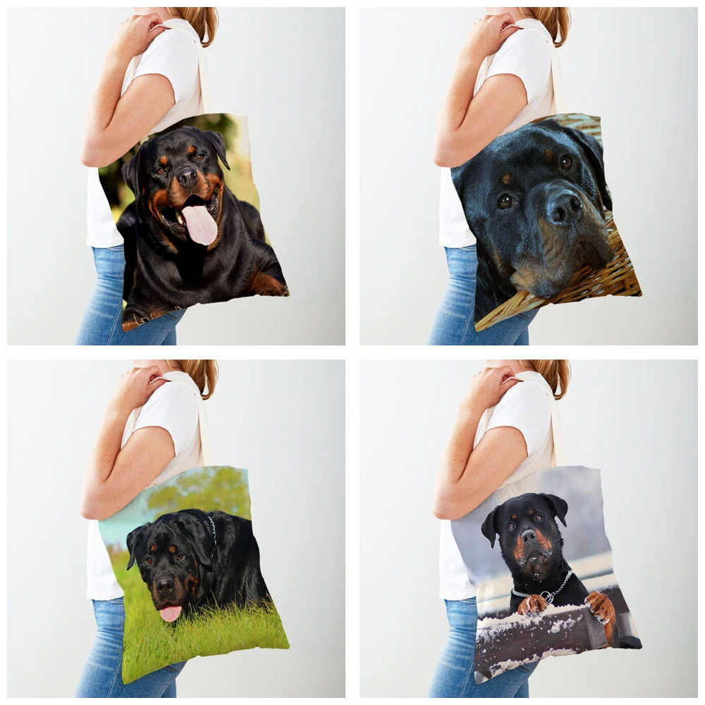 Brave Rottweiler พิมพ์กระเป๋านักช้อปสุนัขสัตว์น่ารัก Lady Canvas Tote กระเป๋าถือนํากลับมาใช้ใหม่ทั้งสองด้าน Casual Shopping Bag สําหรับผู้หญิง