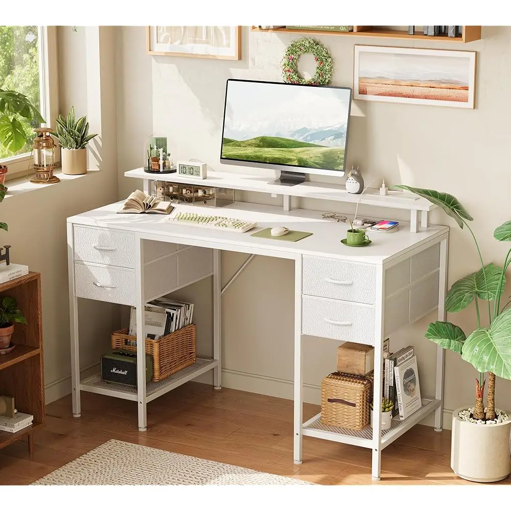 47 H Computer Desk With 4 Drawers, Gaming Desk With Led Lights & Power Outlets, Home Office Desk With Large Storage Space For