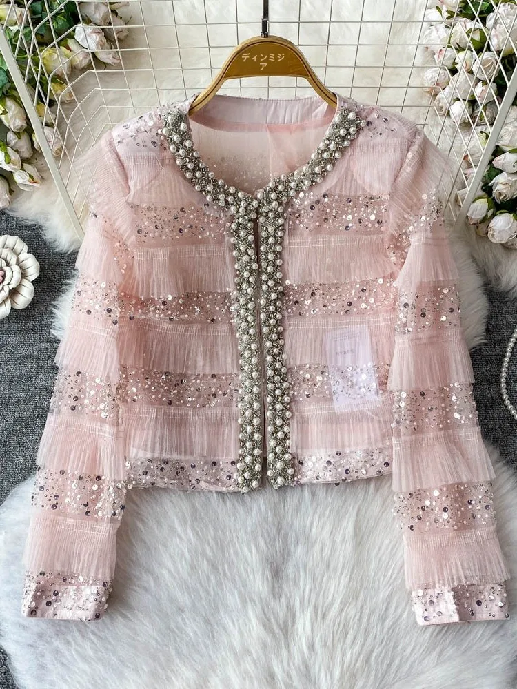 

Ele ort Embellied Bead iny round Ne Women's Outerwear Thin Chiffon Jaet Luxury Sensation Age Reduction Slimming