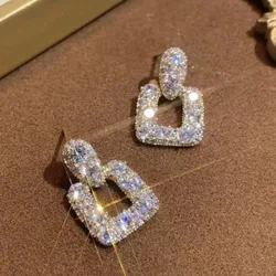 Pendientes de gota cuadrados con diamantes de imitación brillantes para mujer y niña, joyería de lujo de cristal Vintage, regalos de fiesta, moda coreana, 2023