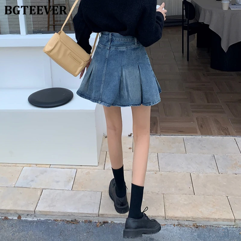 BGTEEVER Stylish High Waist Female Denim Skirts Autumn Winter Vintage Slim Women Pockets A-line Jeans Skirts Ladies Mini Skirts