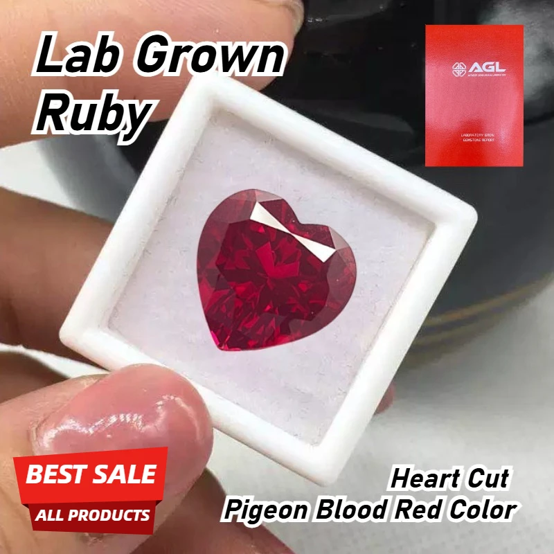 

High Quality Lab Grown Ruby Heart Cut Pigeon Blood Red Color Charms Jewelry Making Main Materials Selectable AGL Certificate