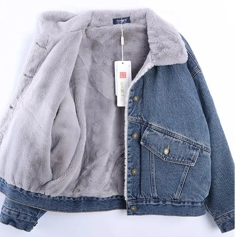 

Thick Denim Jacket With Added Fleece Women Jacket Autumn and Winter New Korean version Loose fit slimming Warm Cotton Jacket F4