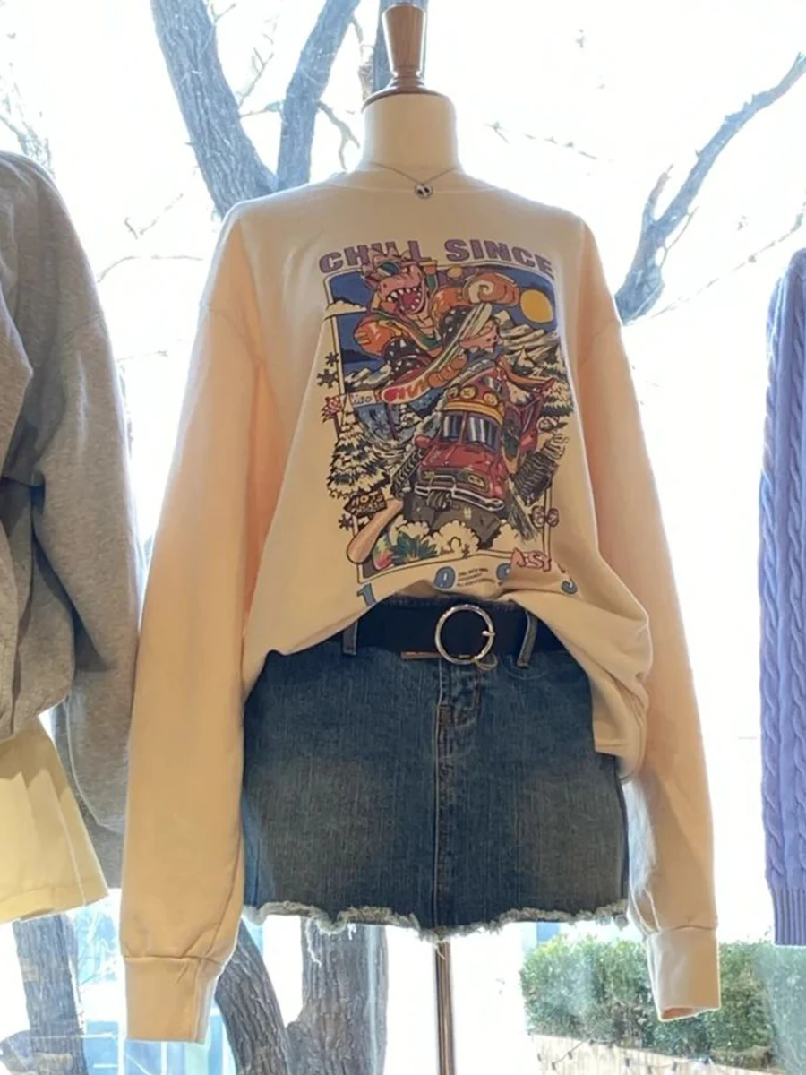 Sweat à capuche en coton imprimé dessin animé pour femme, col rond, manches longues, haut Y2K, streetwear vintage Harajuku, adt PVD, automne