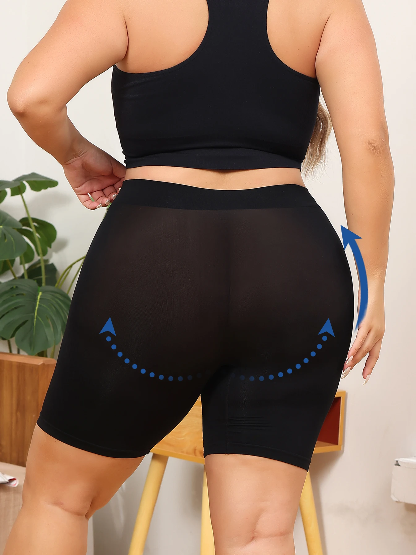 Plus-size women\'s shorts with tummy control and butt-lifting features to prevent exposure and provide safety shorts.