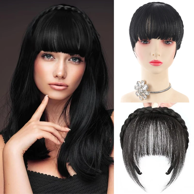 

Braided headband with integrated bangs, front forehead curtain, temples invisible and broken, high skull top fake headband