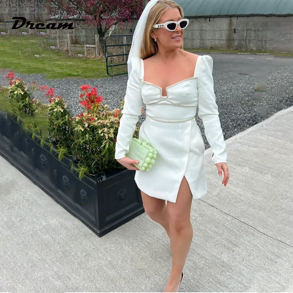 

DREAM Modern Satin Rhinestones Embellished Wedding Dresses Long Sleeves Short A-Line Bridal Gowns Side Slit Robe De Mariee