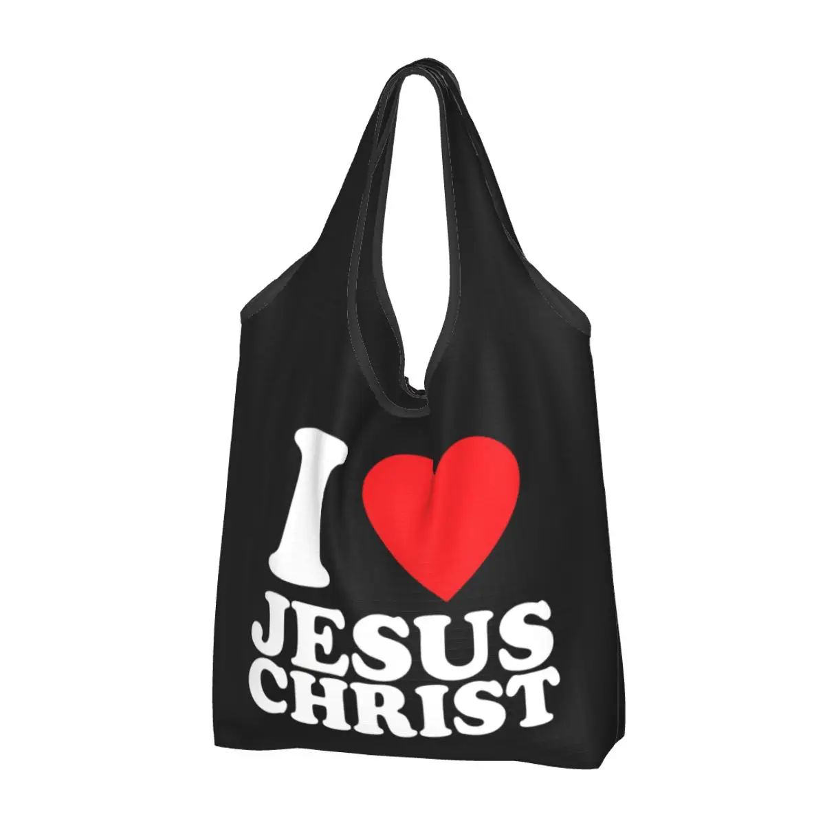 I Love Jesus Christ Grocery Shopping Bags Kawaii Shopper Tote Shoulder Bag Big Capacity Portable Christmas Catholic Handbag