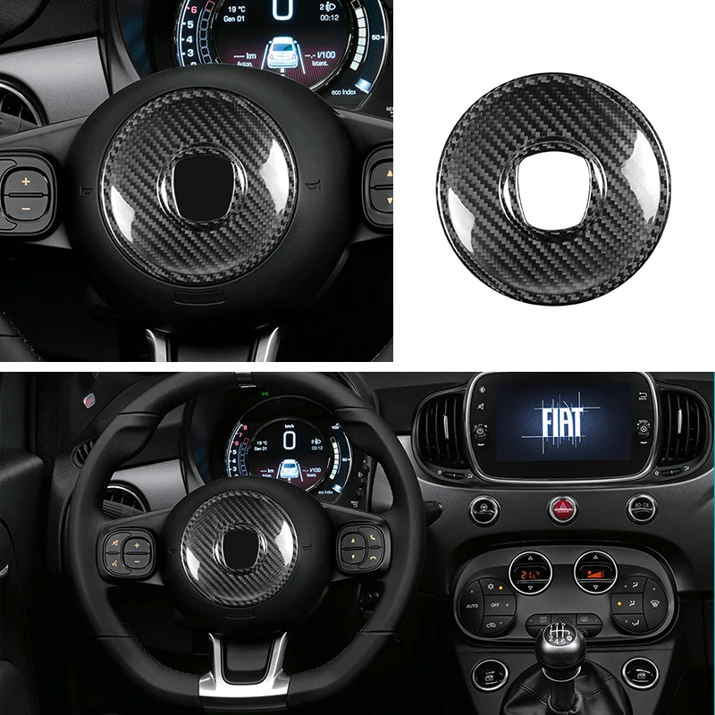 TIYPEOR Carbon Fiber Steering Wheel Trim for Fiat 500 Sporty Interior Decor Protective 3K Forged Carbon Overlay LHD hight gloss