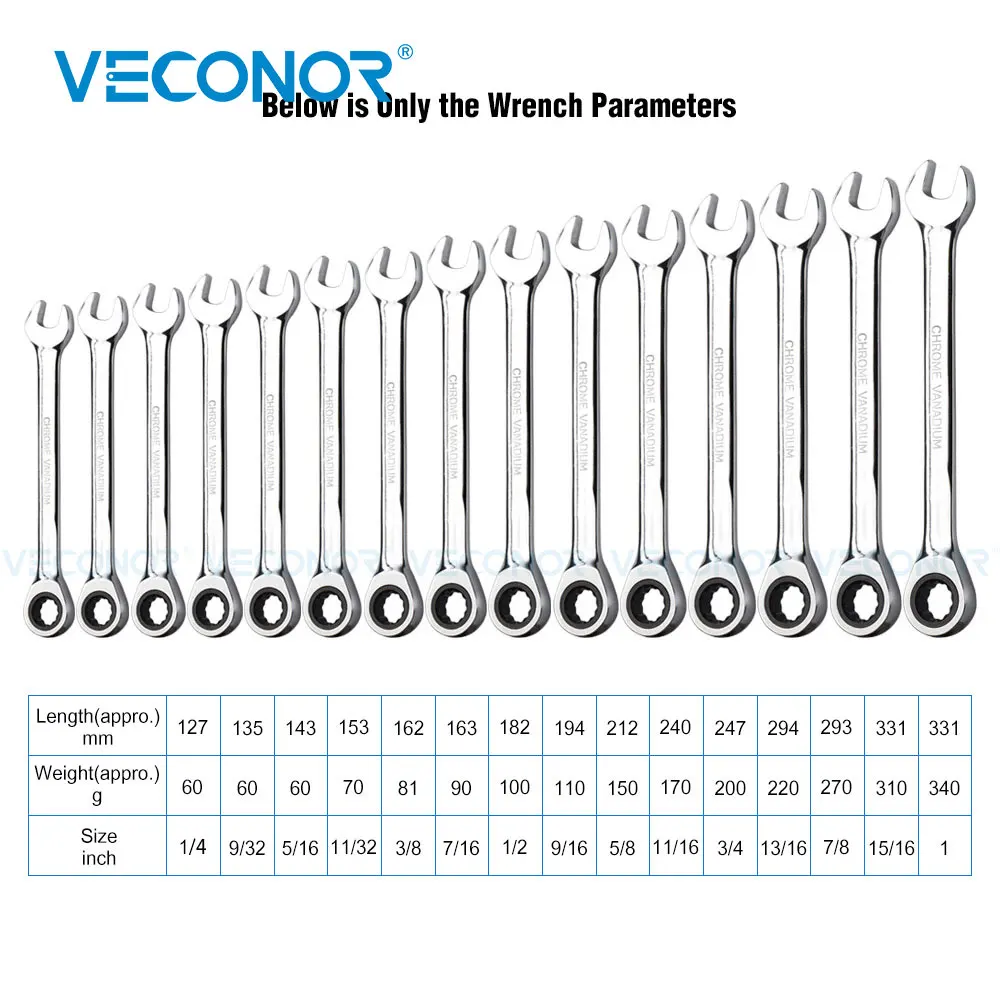 1/4-3/4 Inch Ratchet Wrench Set of Keys 72-Tooth Imperial Size Mirror Polished Hand Tool