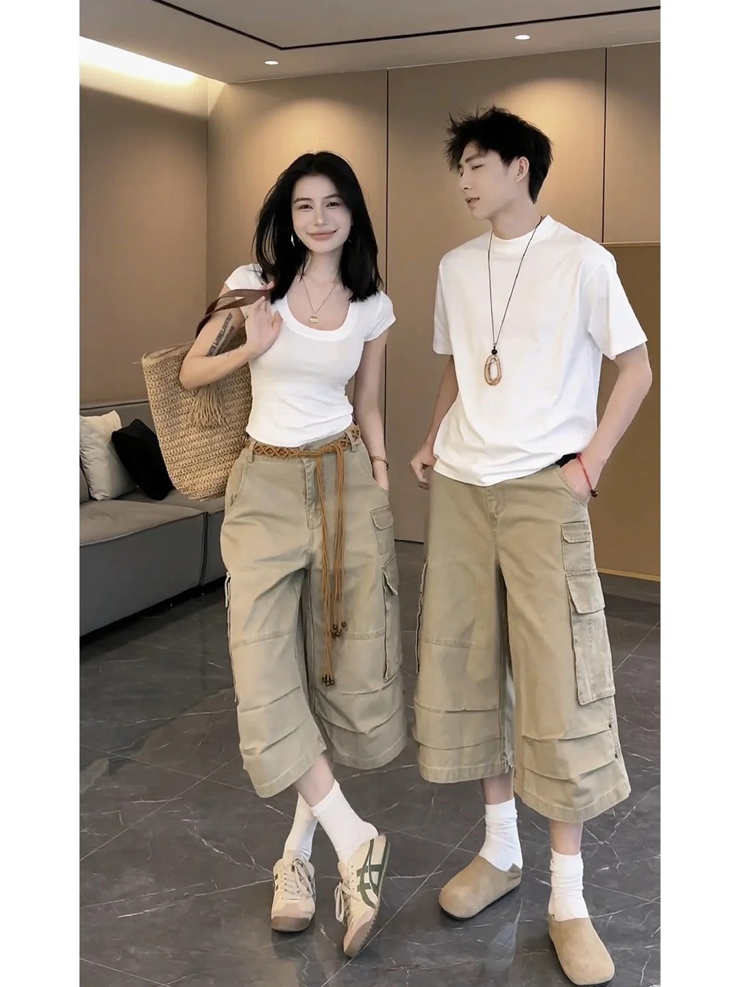 Kaki multi-ket zeven-voet jeans losse hoge taille wijde pijpen werkkleding broek voor mannen en vrouwen zomer casual broek