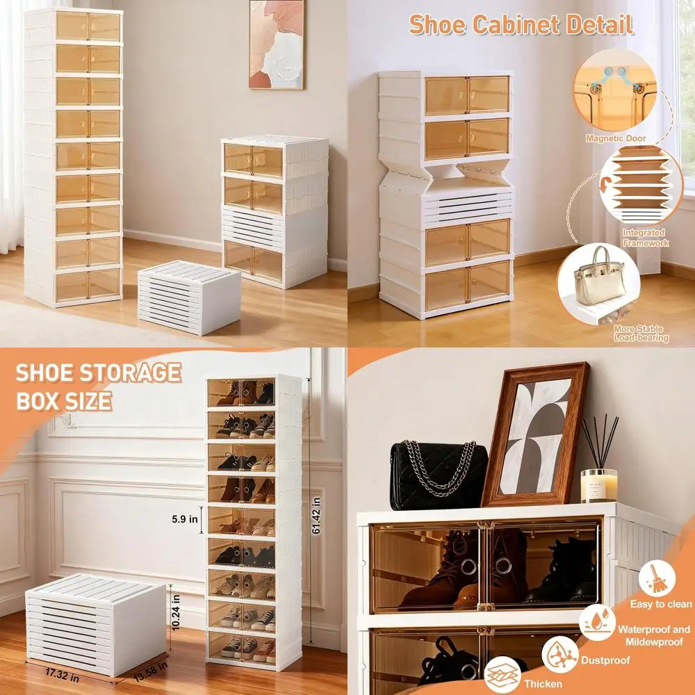 

Collapsible 9-Tier Shoe Organizer with 18 Pair Capacity, Clear Plastic Stackable Shoe Storage Cabinet for Home Entryway and Livi