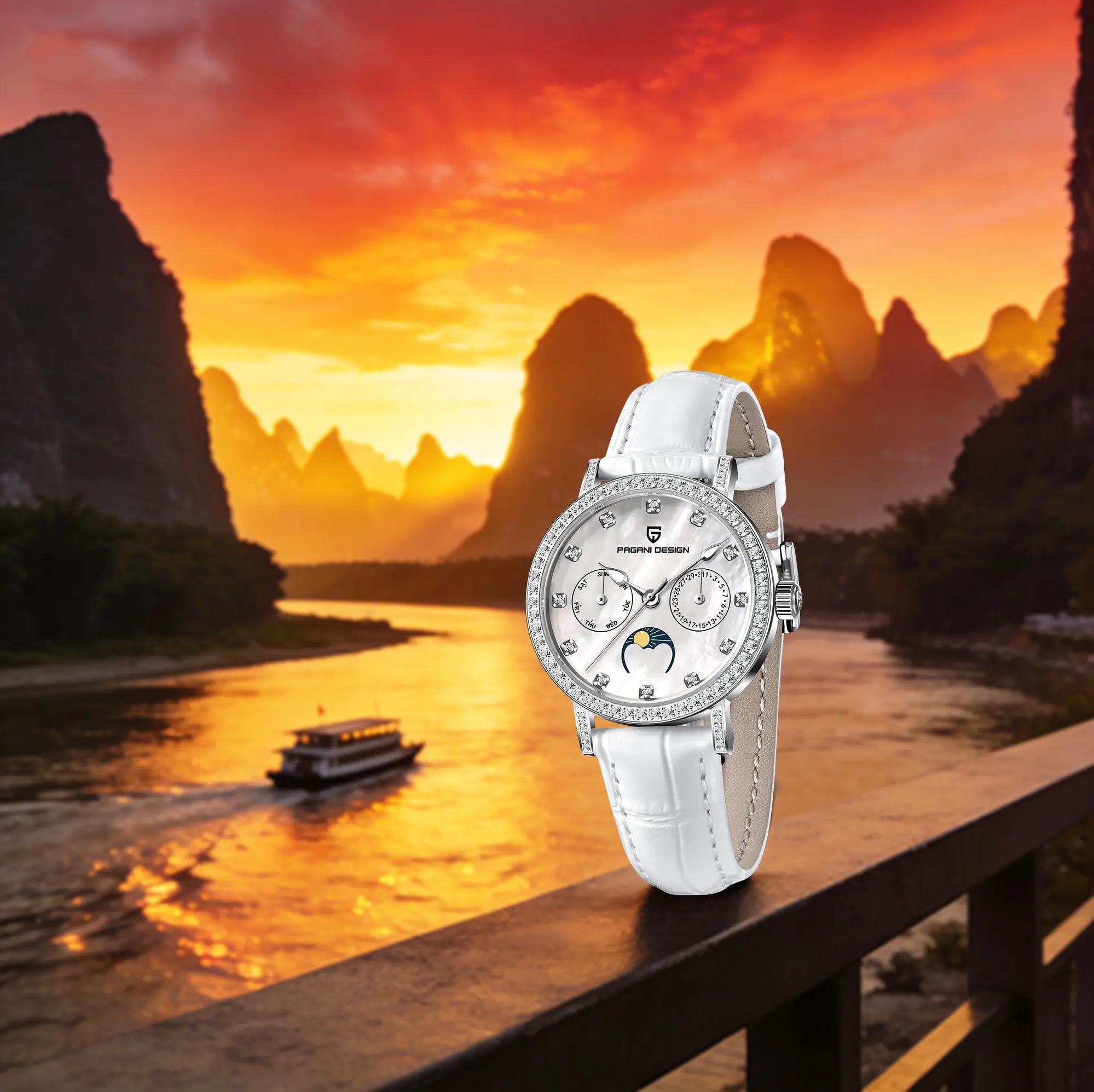 

PAGANI DESIGN Minimalist Ladies Quartz Watch Solid Color Diamond Dial Small Three-Pin Sapphire Mirror Calendar Moon Phase Watch