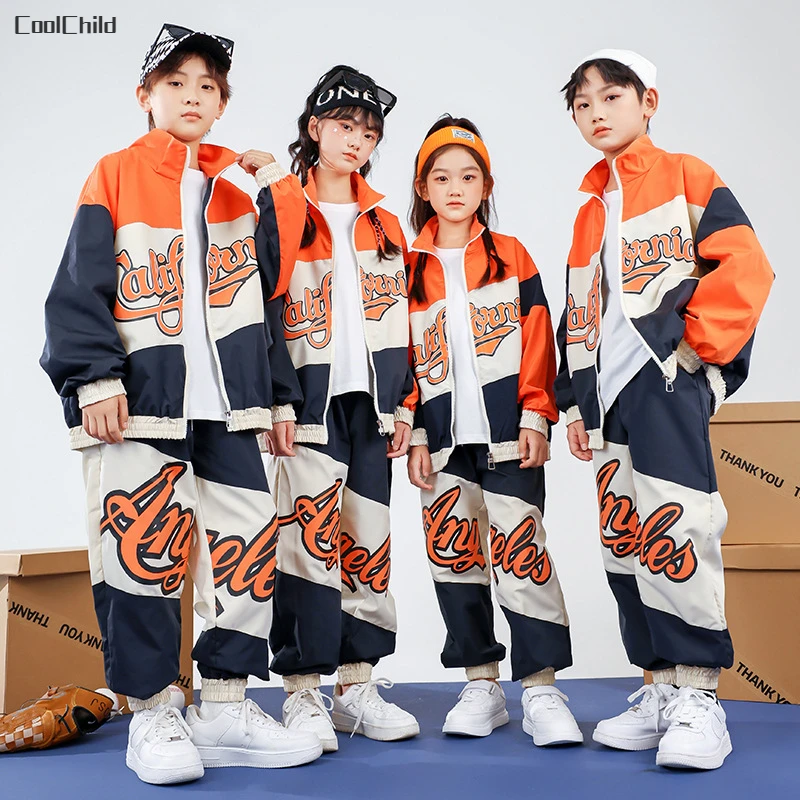 Boys Hip Hop Baseball Jacket Street Dance Loose Pants Girls Contrast Coat Joggers Kids Jazz Sport Clothes Sets Child Streetwear