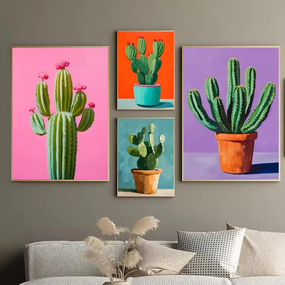 ألوان مائية مجردة ملونة زهرة الصبار زهرية لا تزال الحياة ملصق الجمالية HD PVC جدار الفن - مقاوم للماء للأشعة فوق البنفسجية للمنزل B