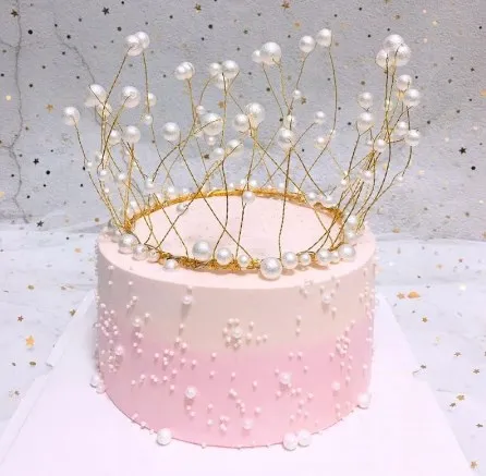 Princess Crown Cake Topper Decoration Metal Pearl Shiny Artificial Pearls Headdress Wedding Cake Decor Birthday Topper