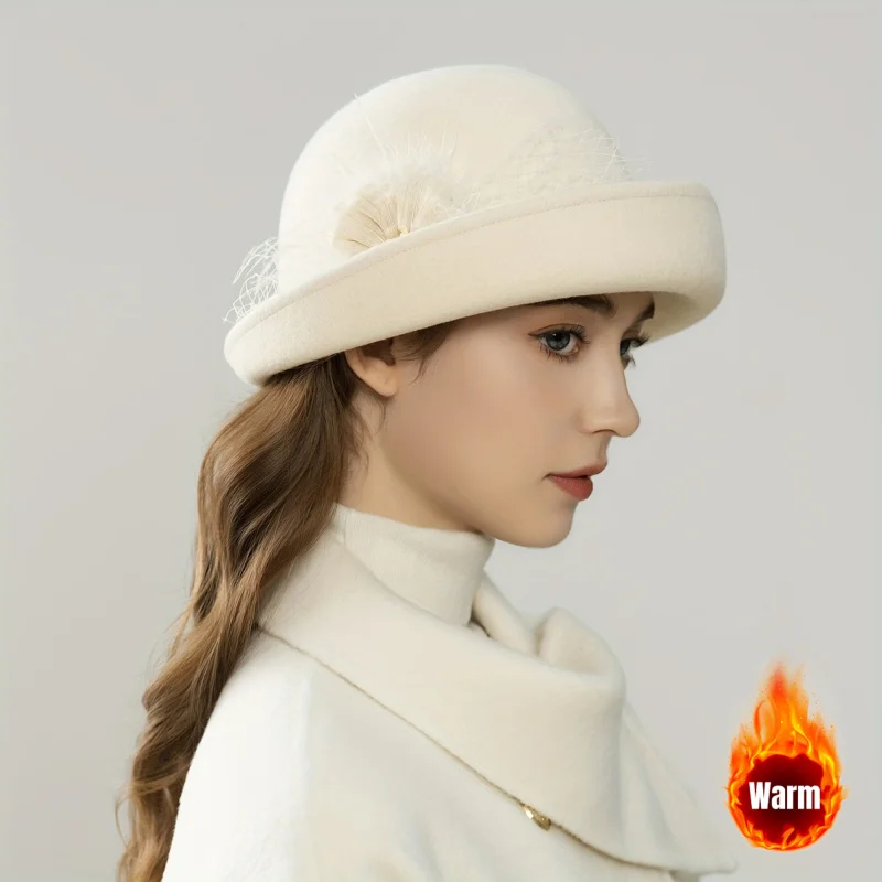 

Элегантная шерстяная панама во французском стиле с цветочными украшениями, идеально подходящая для официальных мероприятий, церковный зимний головной убор