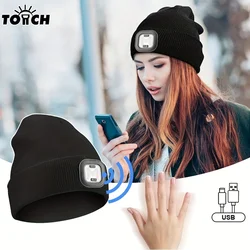 1pc LED Sensor USB Rechargeable Brimless Hat with Light, Black Winter Warm Knit Headlamp, Hands-Free Flashlight, Christmas Gift