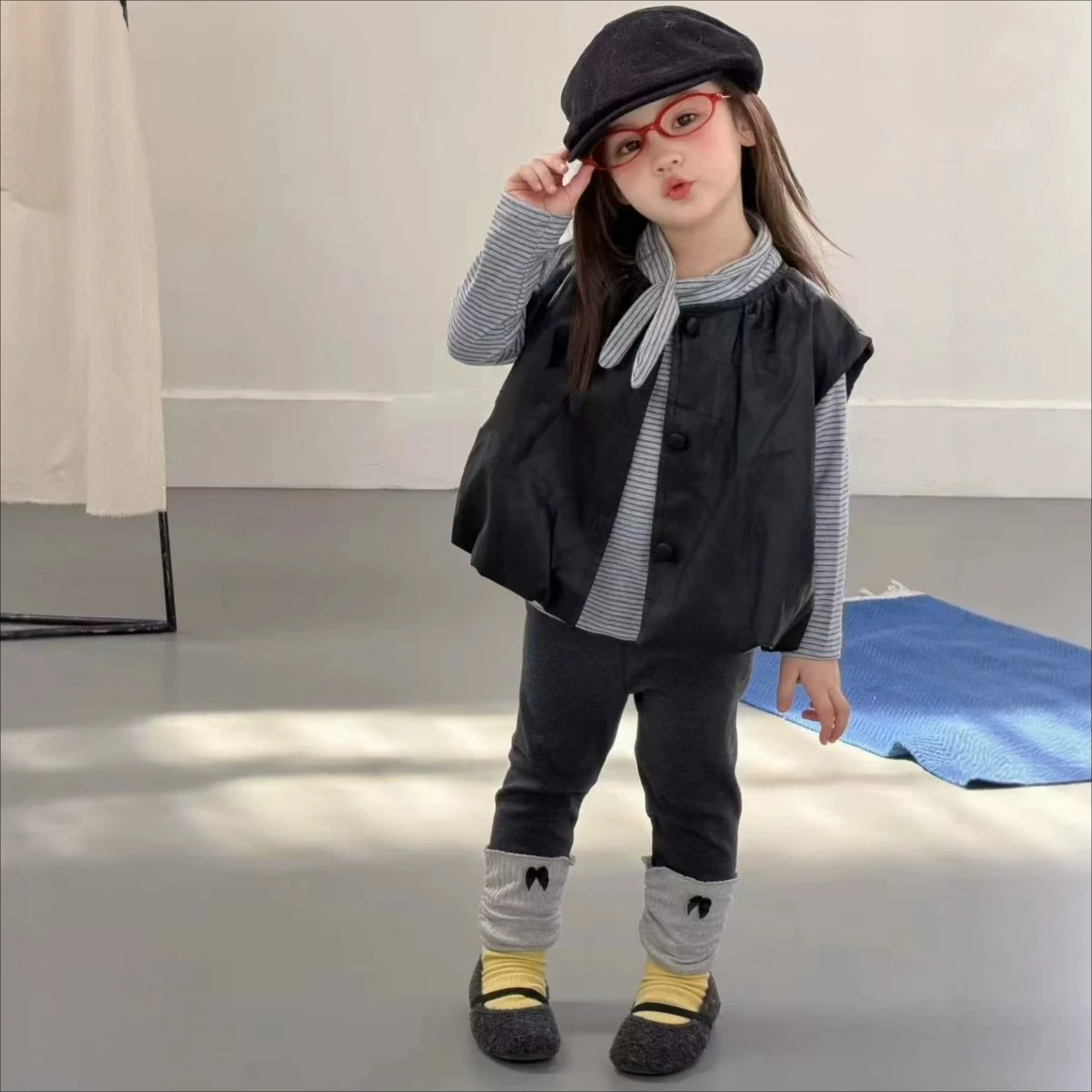 Girls 3‑Piece Outfit  Striped Long‑Sleeve Undershirt With Decor Necktie + Vest + Leggings Set, 2026 Autumn Winter New Kids Suit