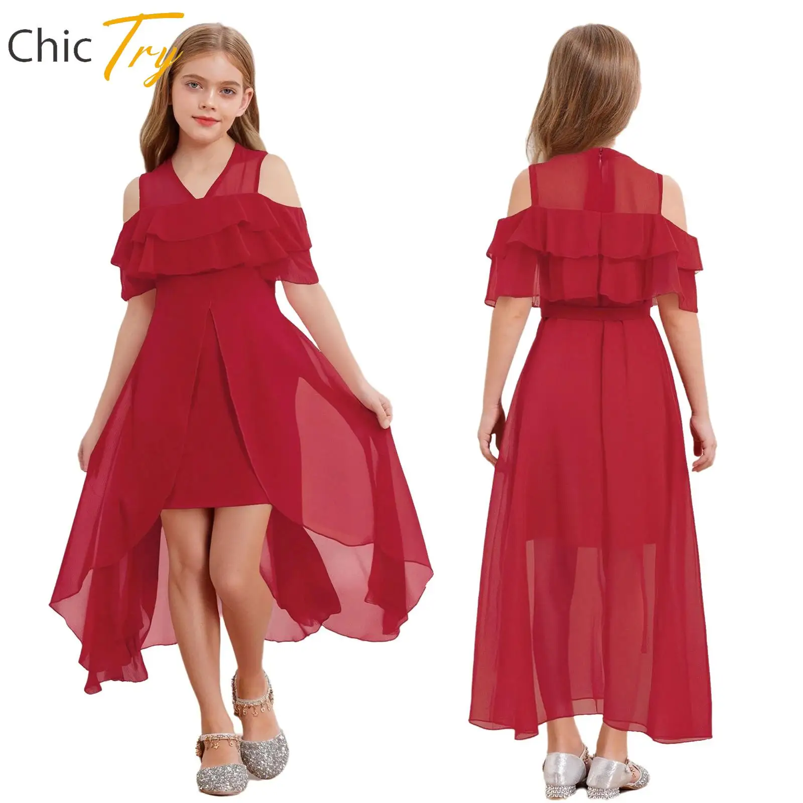 

Solid Color Kids Girls Ruffled Sleeves Chiffon Dress High-Low Dress Casual Daily Wedding Birthday Party Holiday Fashion Costumes