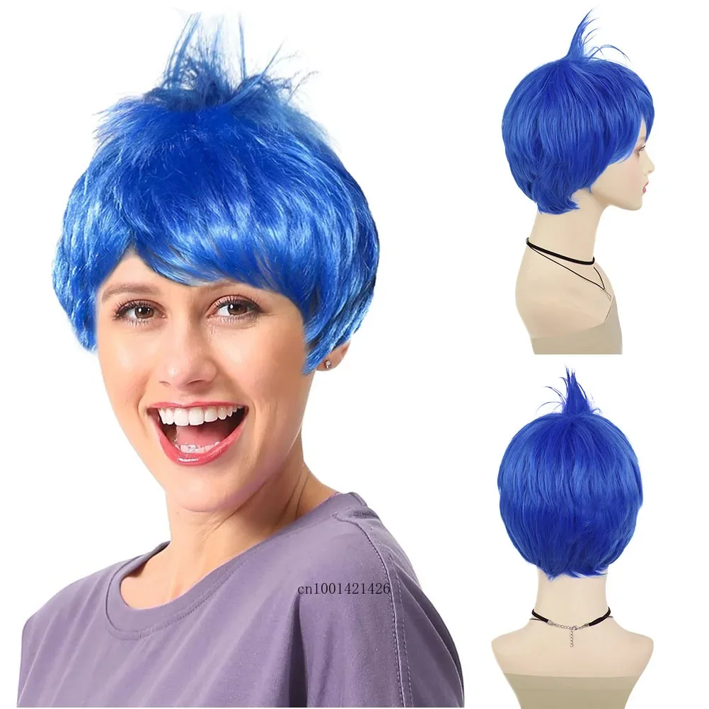 GNIMEGIL Synthetic Joy Wigs for Women Short Blue Inside Out Anime Cosplay Wig Joy Costume Wigs for Halloween Party +Free Wig Cap