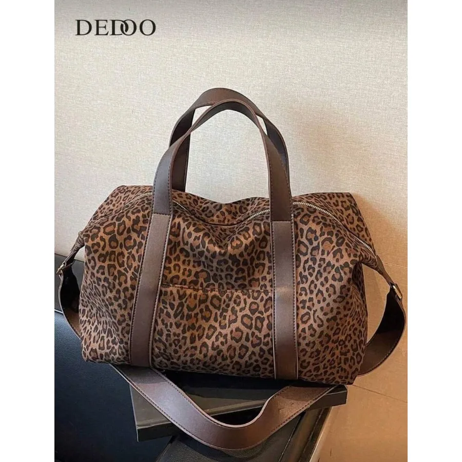Fashionable Velvet Leopard Print Leather Handbag, Large Capacity, Travel Bag, Gym Bag, Duffle Bag, Portable, Lightweight, Durab