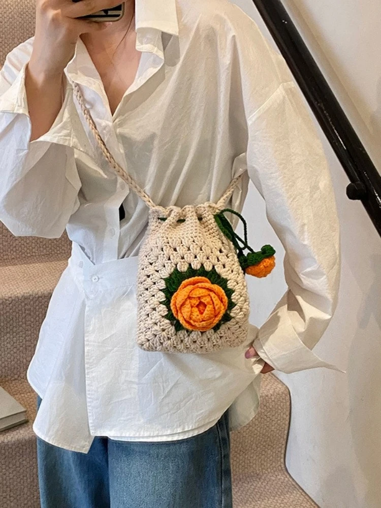 

Korean Style Small Crossbody Shoulder Bag Fashion Knitted Flower Single Shoulder Holiday Casual Vertical Square Purse Phone Bags