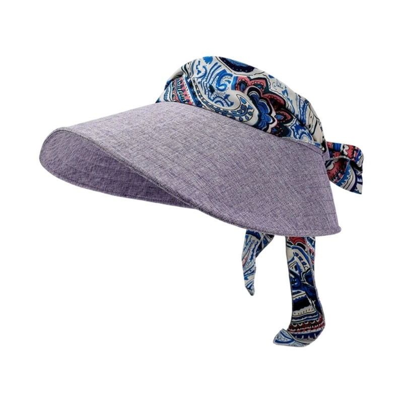 Cotton Linen Look Open Top Sun Hat with Face Shade and Tie Back Hold for Summer Travel, Beach and Daily Wear Use