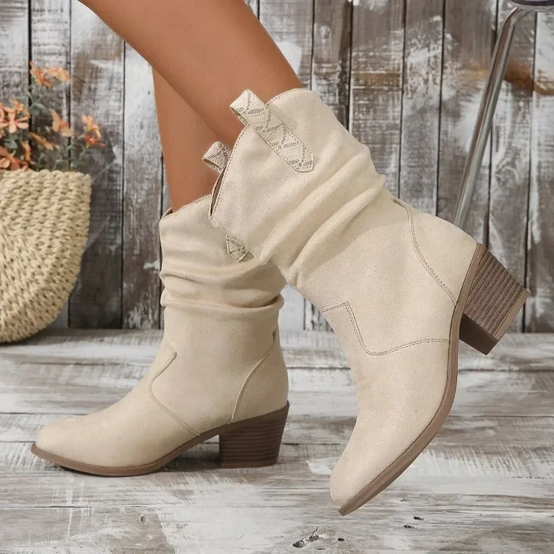 Bottes en cuir à tête ronde pour femmes, couvre-visage blanc, bottes à manches larges et moyennes, mode automne, nouveau