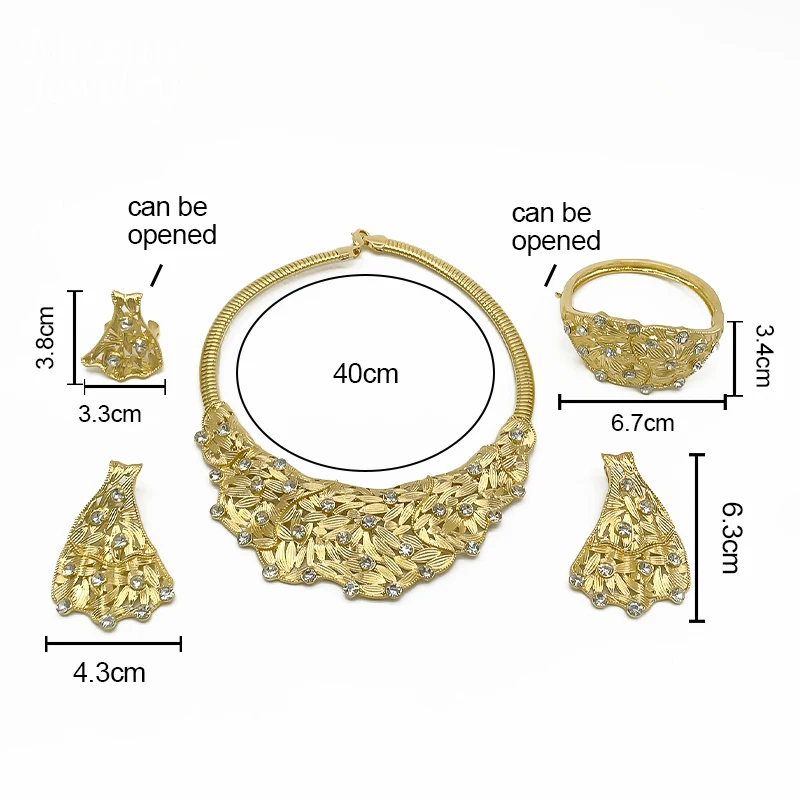 Big Size Dubai Rhinestones Collar Chunky Gold Plated Jewelry Set Women Necklace Earring Bracelet Ring Bridal Wedding Party Gift view 6