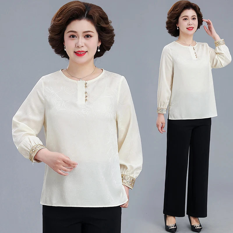 

Ele Long Sve Chiffon irt Mom Spring Faion Ladies Premium Quali Polyester Fiber round Ne Single Piece Women's Top