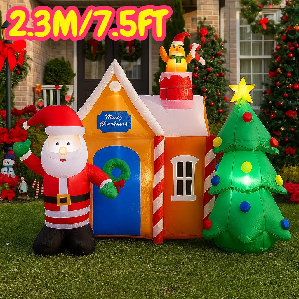 2,3 м/7,5 футов надувной дом Санта-Клауса, елочные огни, светодиодные украшения для дома, игрушки, двор, рождественские праздничные принадлежности, украшения