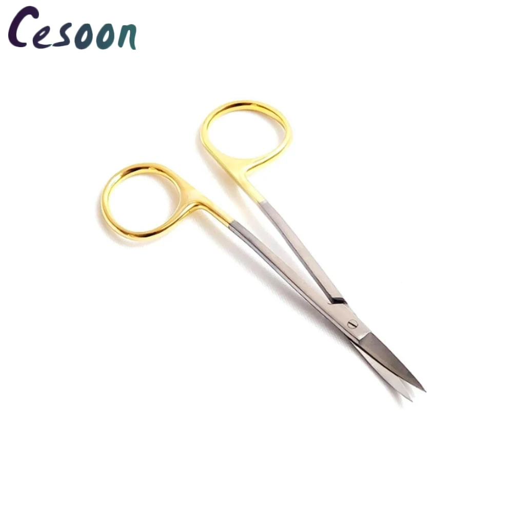 1Pcs Dental Surgical Double Curved Gold Plated Handle S Scissors Medical Dissecting Stainless Steel 11.5cm Dentistry Tools