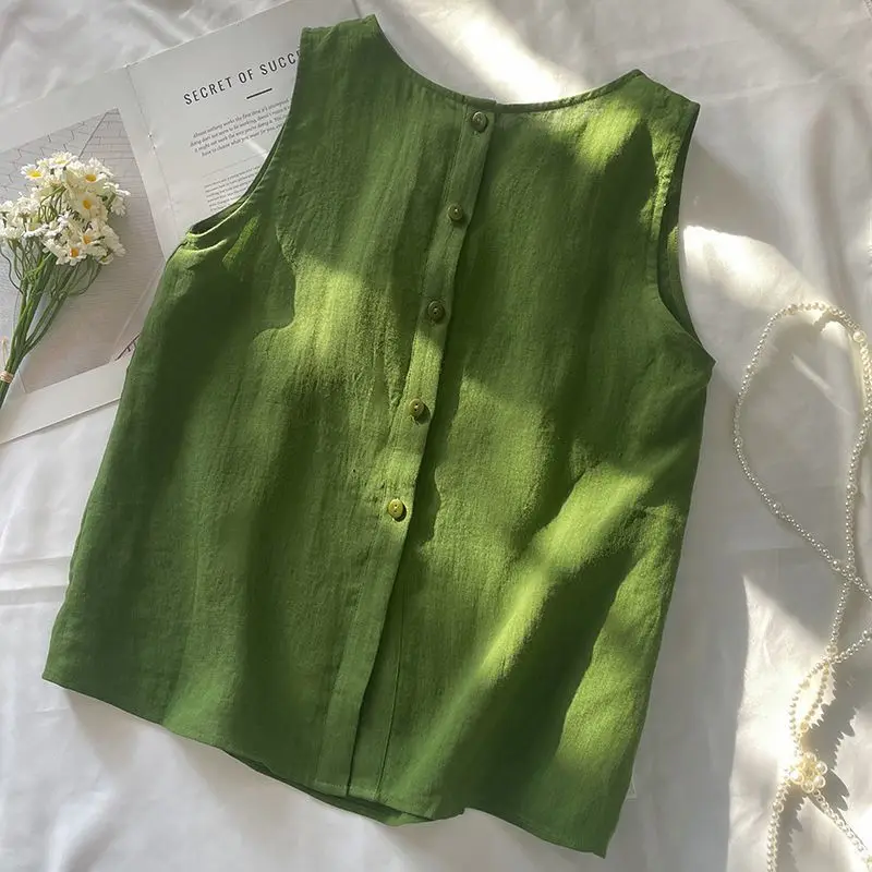 

Women's Linen Cotton Sleeveless Shirt, Back Button Round Neck Casual Blouse, Loose Fit Breathable Summer Tops