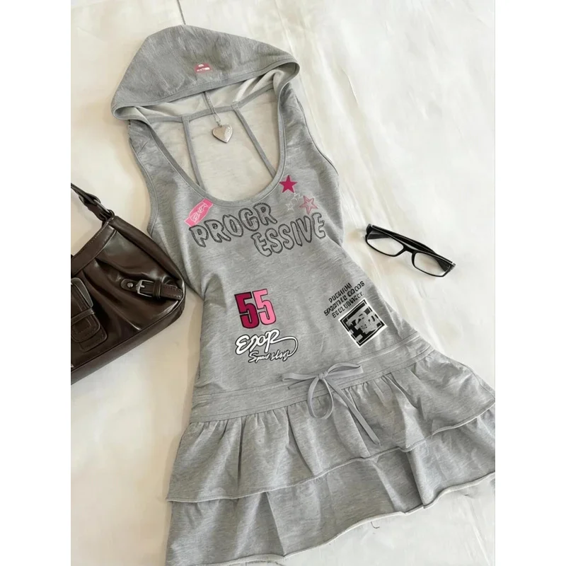 

Y2k Aesthetic Letter Printing Hooded Dress Vintage Sleeveless Harajuku Mini Dresses Streetwear Women Grunge Backless ​ Dresses