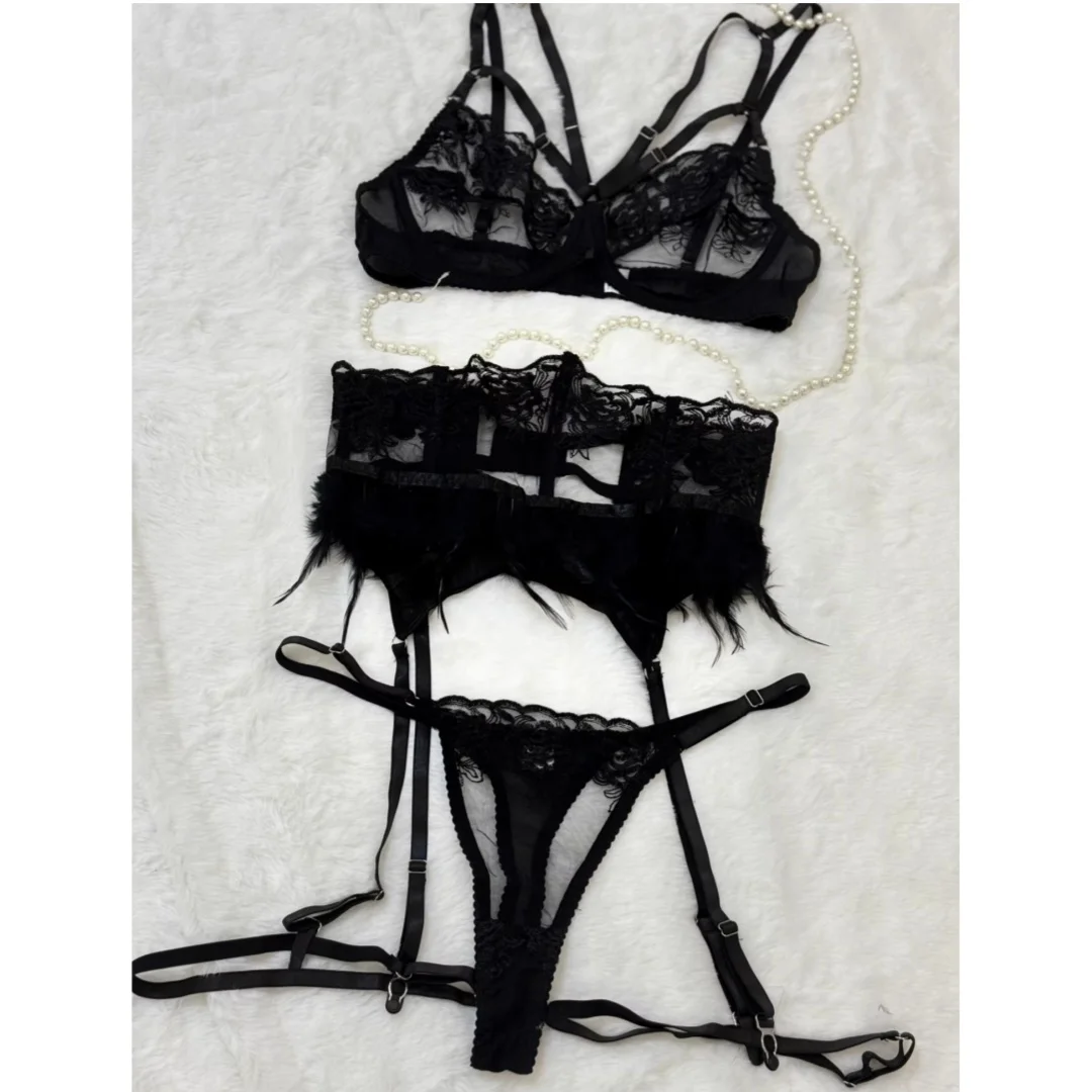 Krasapt Luxury Feather Embroidered Lingerie 3 Pcs Set Woman Sexy Black See Through Bra And Panties Erotic Suits