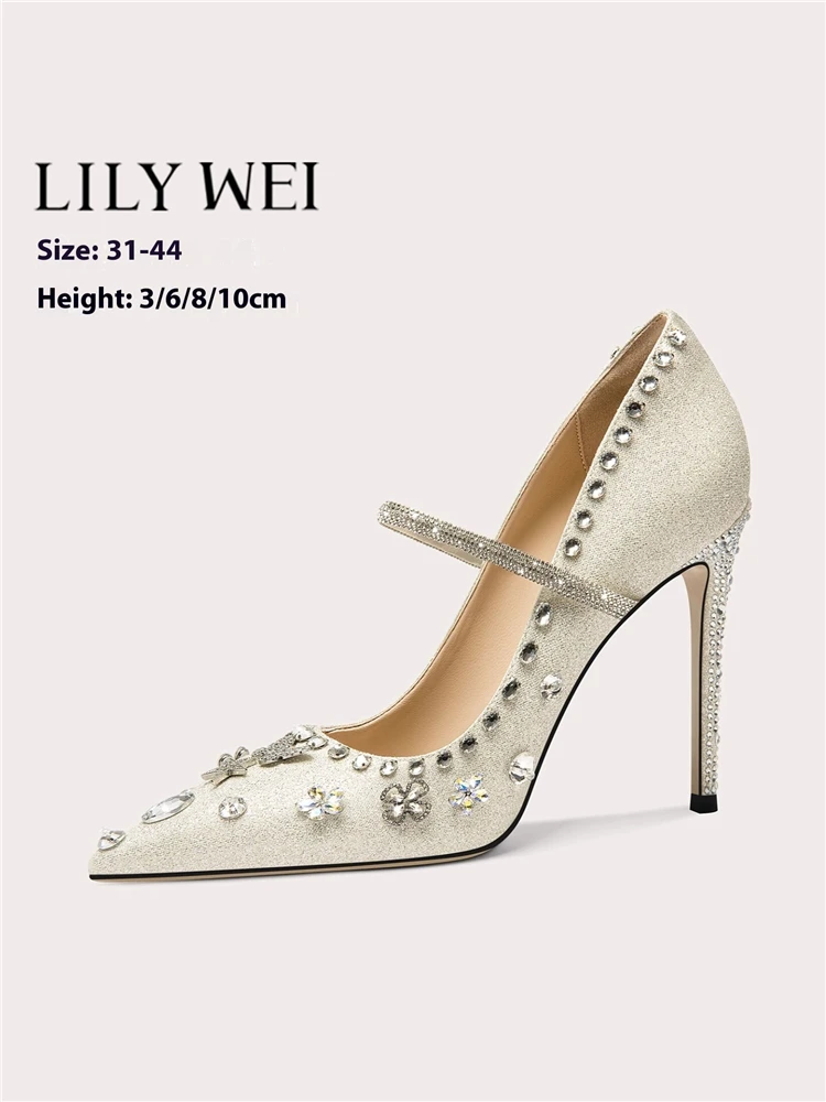 

Stiletto high heels spring new pointed shallow rhinestone sequin pearl wedding shoes banquet large size small size women's shoes