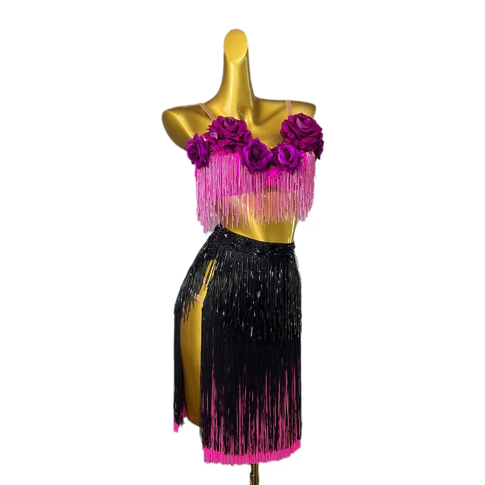 

Латинская танцовщица для взрослых и детей, элитное индивидуальное розово-красное платье для выступлений с верхом и низом, танго, самба, AB, каменное платье