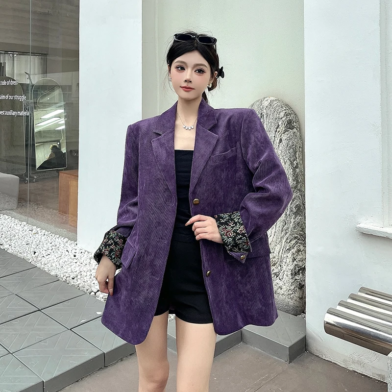 

SuperAen, фиолетовая вельветовая куртка в стиле ретро для женщин, весна-осень 2026, новый свободный пиджак оверсайз в корейском стиле с длинными рукавами
