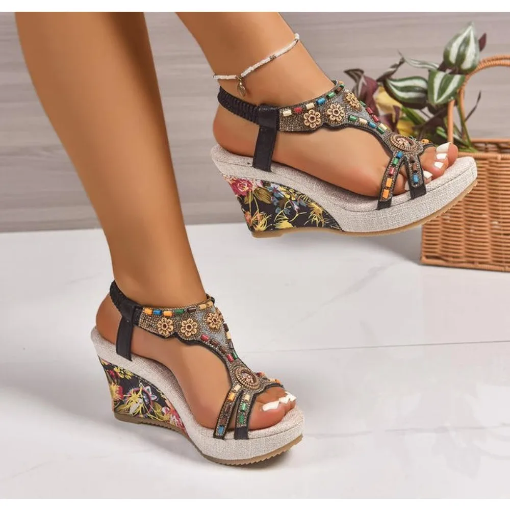 Woman Leather Summer Fashion Wedge Female Large Size Mid-heeled Platform Black New Comfortable Retro Sandals for Women view 3