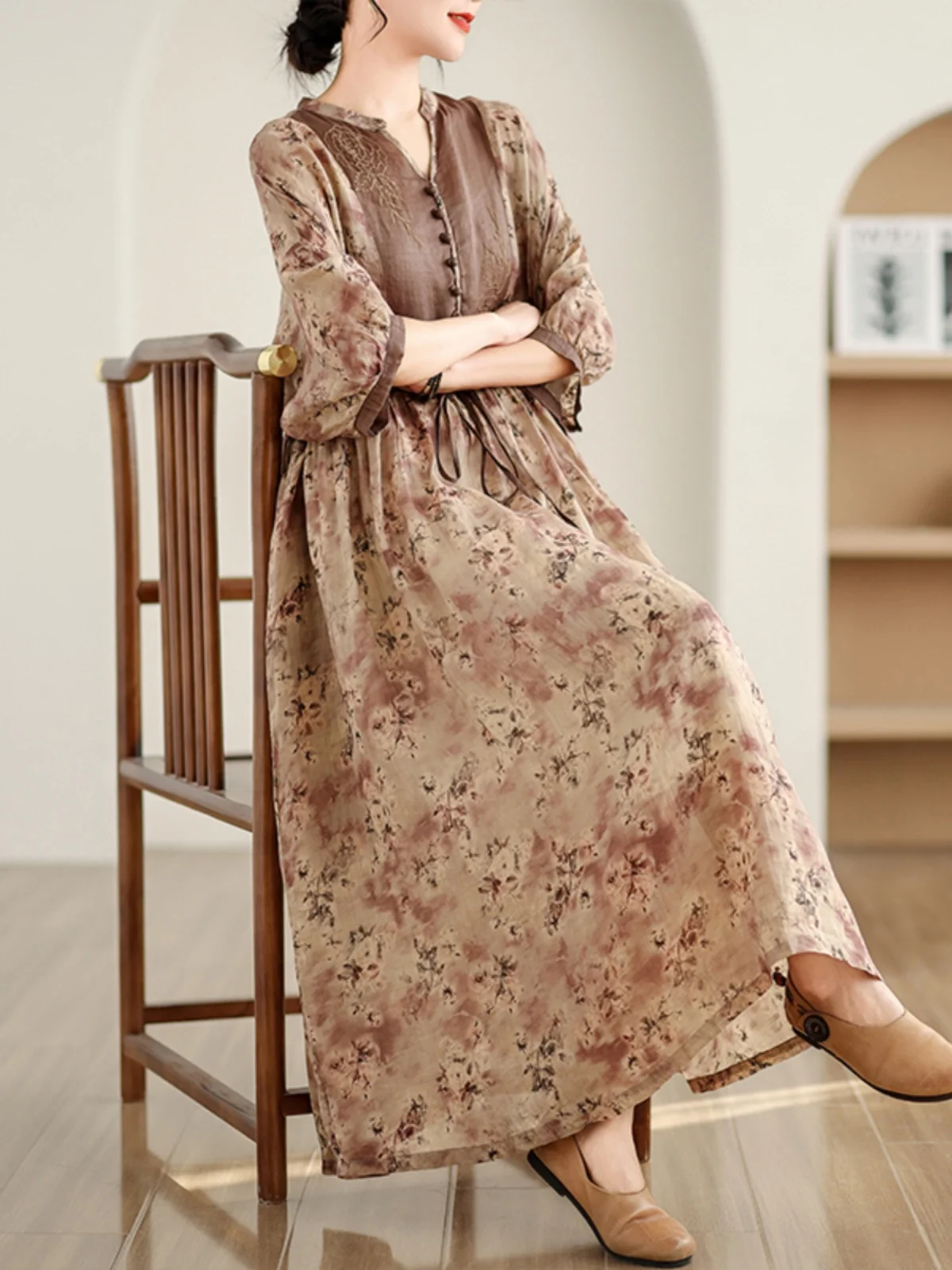 

Retro Print Maxi Dr Color Blo V-Ne Waist Cinched Long Skirt for plus Size Women Summer Faion Loose Fit Lantern Sve