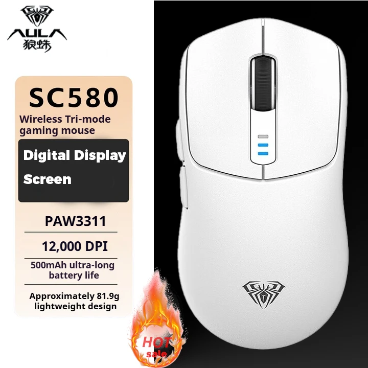 

Трехрежимная беспроводная мышь Bluetooth AULA SC580, легкая PAW3311, 10000 точек на дюйм, многофункциональный цифровой экран, зарядка типа C