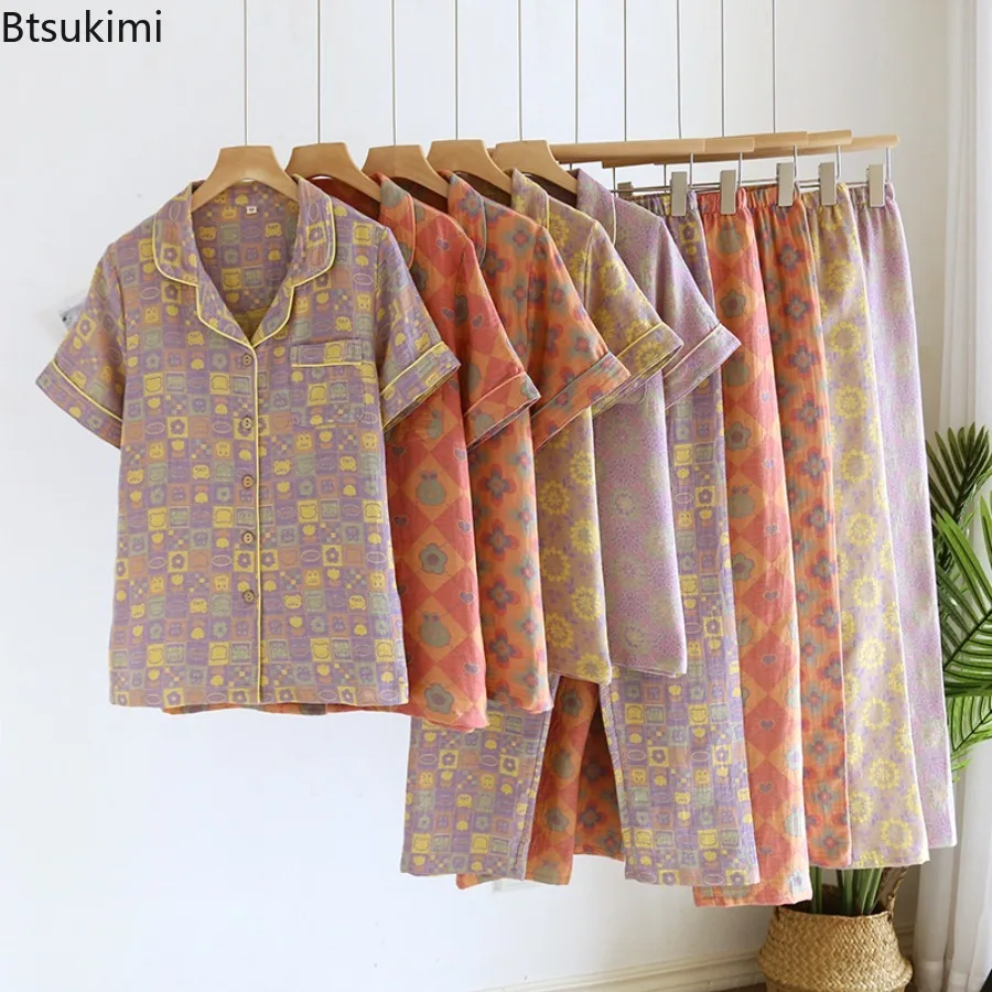 2025 Women's Spring Summer Pajama Sets 100% Cotton Short Sleeve Suit Tops and Pants Jacquard Pajamas Large Home Clothes Female