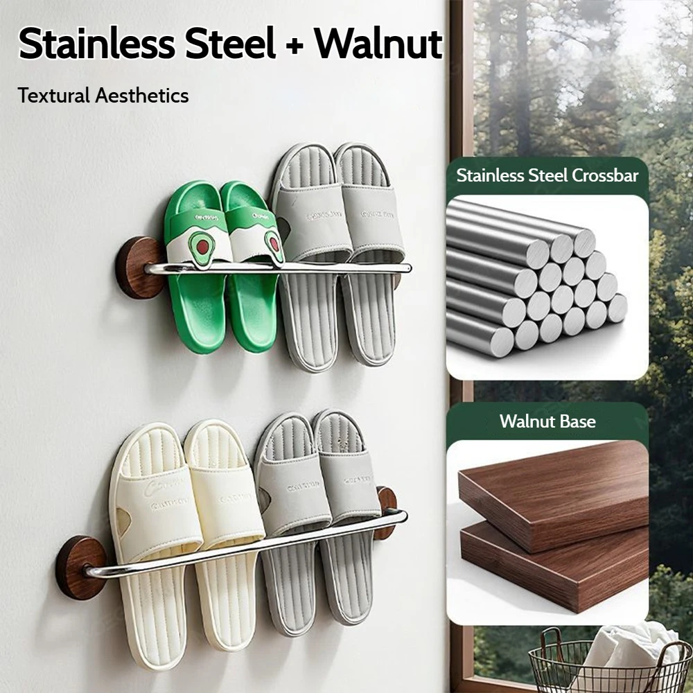 No Punching 304 Stainless Steel Walnut Wood Bathroom Slipper Bar And Towel Rack Wall Mounted Multi-Functional Storage Rack