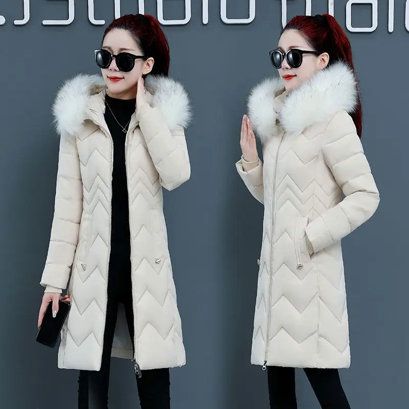 2024 Women\'s Down Parkas Winter Jacket Big Fur Collar Thick Slim Coat Fashion Hooded Cotton Outerwear Female Casual  N157