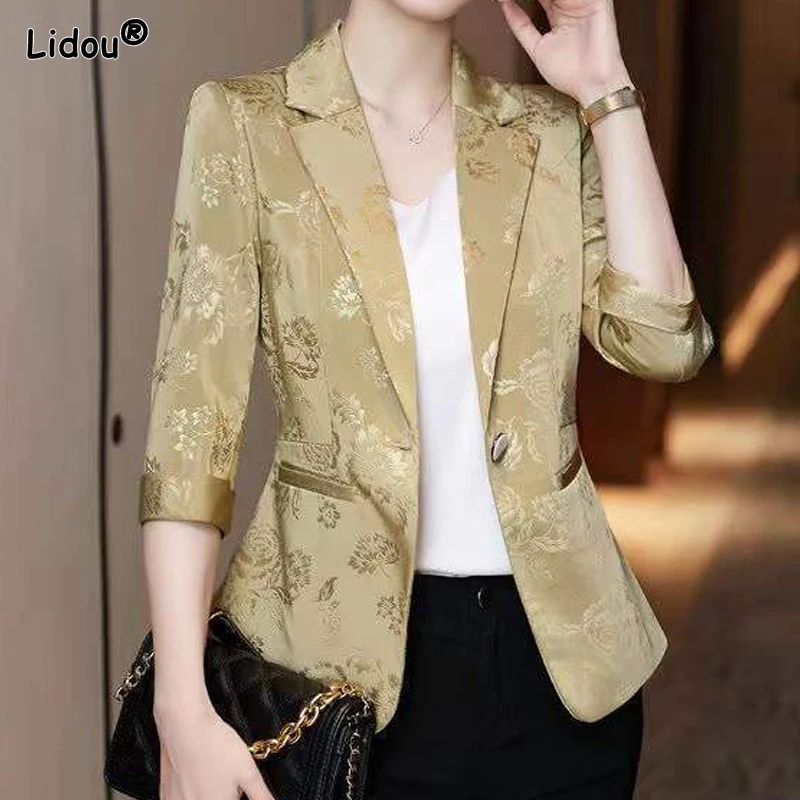 Skinny Printing Blazers Pockets Button Office Lady Plus Size Solid Spring Autumn Thin Women's Clothing Intellectual Patchwork