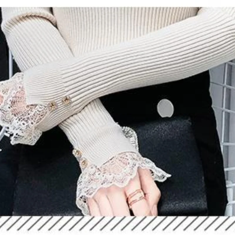 Autumn Winter New Women\'s Half High Collar Pullovers Sweaters Fashion Elegant Slim Button Gauze Lace Long Sleeve Commute Tops