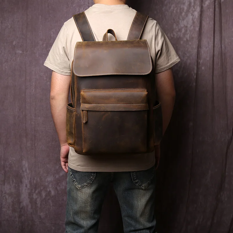 European And American Retro Handmade Crazy Horse Leather Men\'s Backpack Casual Fashion Top Layer Cowhide 15 Inch Computer Bag