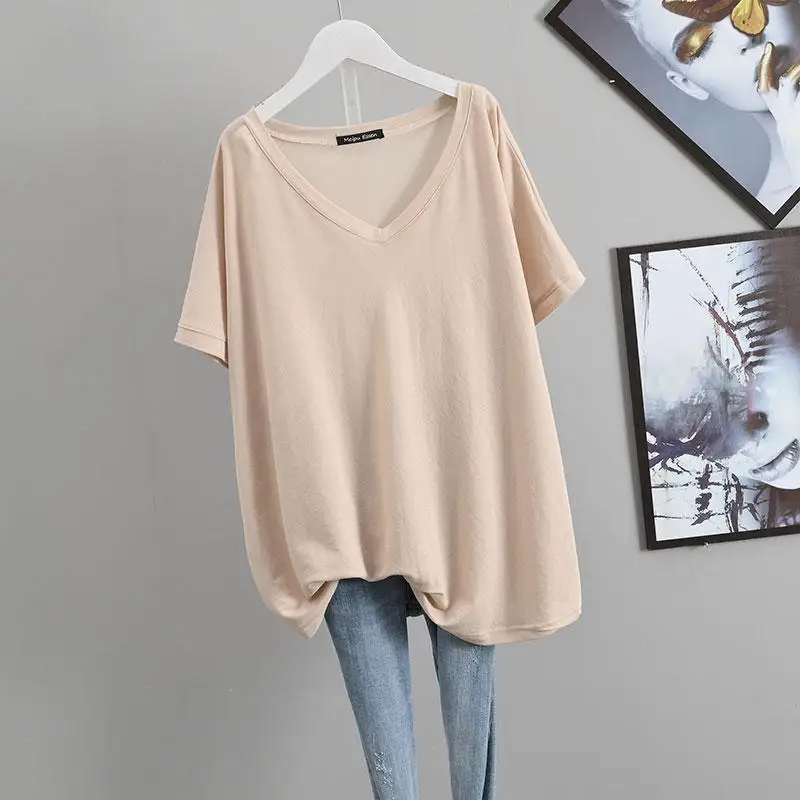 2023 Summer New Solid Color V-neck Short Sleeve Mid-length T-Shirts Women Loose Casual All-match Tees Fashion Simple Youth Tops